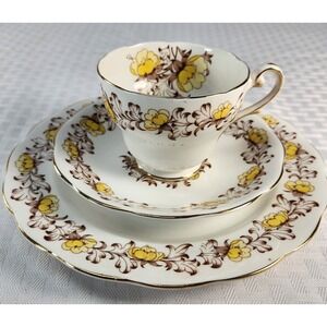 Sherwood Royal Standard Bone 3 Pc Set Yellow Flowers Bread Plate Cup Saucer